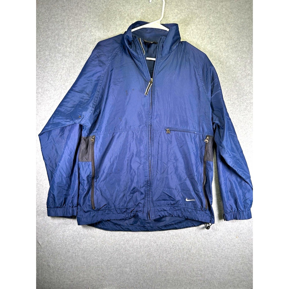 Stain* Nike Mens Blue Solid Full Zip Windbreaker Jacket Stand-Up Collar Size L